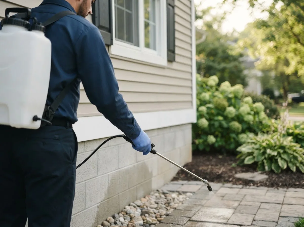 Pest control technician inspecting a home in Casco, MI